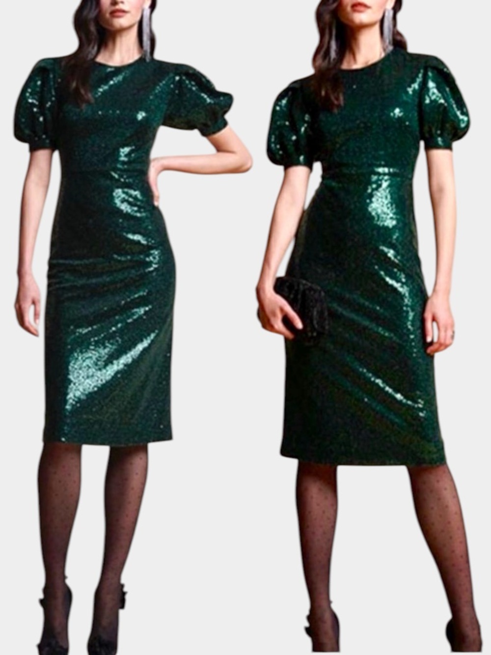 Rachel Parcell Women’s Sequin Emerald Green Sheath Puff Sleeve Midi Dress Small